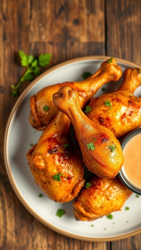 Crispy baked chicken drumsticks on a plate with herbs and dipping sauce.